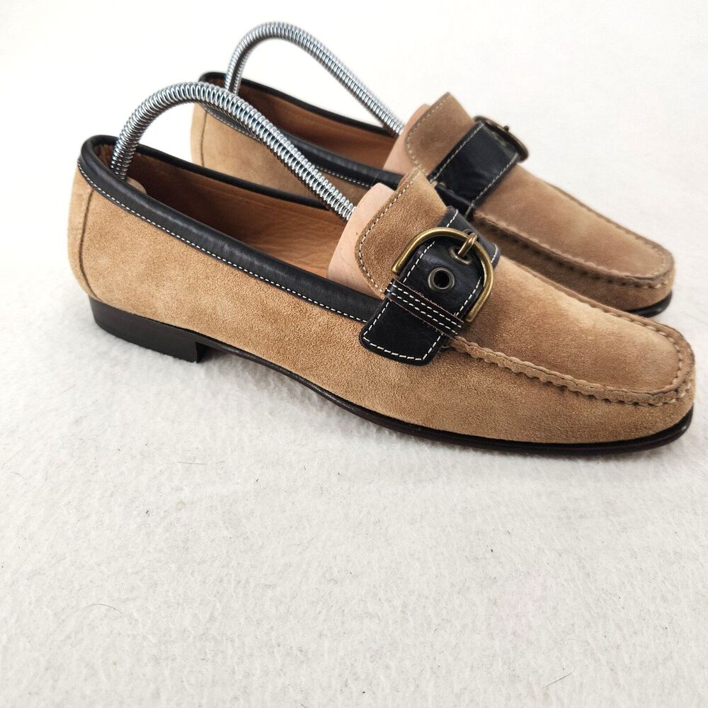 Coach Tan Suede Loafers with Black Trim and Gold Buckle Accent